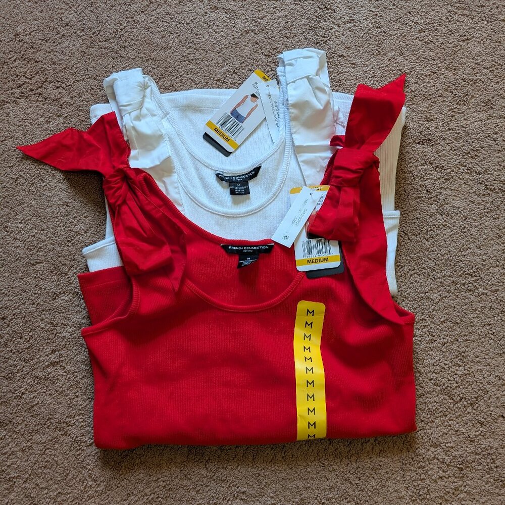 Lot! 2 Cotton French Connection Tank Tops with Bows, Red & White, Medium